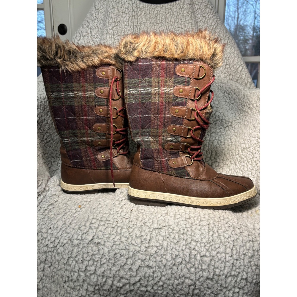 Marley Womens Brown Plaid Faux Fur Trim Lace Up Winter Duck Boots Size 8 - Picture 3 of 8